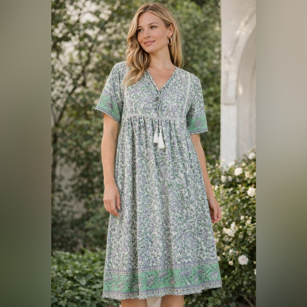 Hawalili Green & Lavender Floral Boho Midi Dress- size S oversized